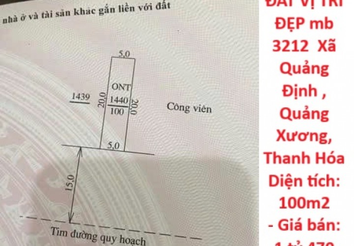 ĐẤT ĐẸP – GIÁ ĐẦU TƯ  -CẦN BÁN LÔ ĐẤT VỊ TRÍ ĐẸP mb 3212  Xã Quảng Định , Quảng Xương, Thanh Hóa