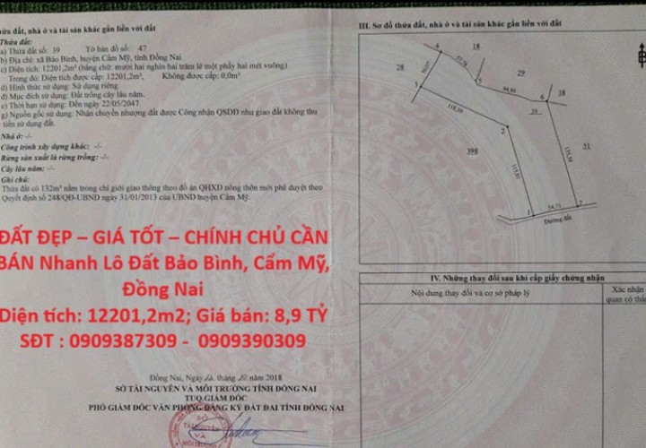 ĐẤT ĐẸP – GIÁ TỐT – CHÍNH CHỦ CẦN BÁN Nhanh Lô Đất Bảo Bình, Cẩm Mỹ, Đồng Nai