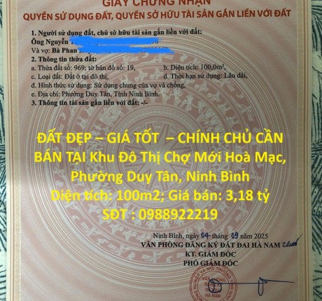 ĐẤT ĐẸP – GIÁ TỐT – CHÍNH CHỦ CẦN BÁN TẠI Khu Đô Thị Chợ Mới Hoà Mạc, Phường Duy Tân, Ninh Bình