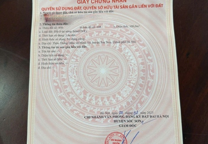 ĐẤT ĐẸP – GIÁ TỐT  – CHÍNH CHỦ Cần Bán 02 Lô Đất Tại Thôn Thắng Hữu, Xã Minh Trí, Huyện Sóc Sơn, Hà Nội