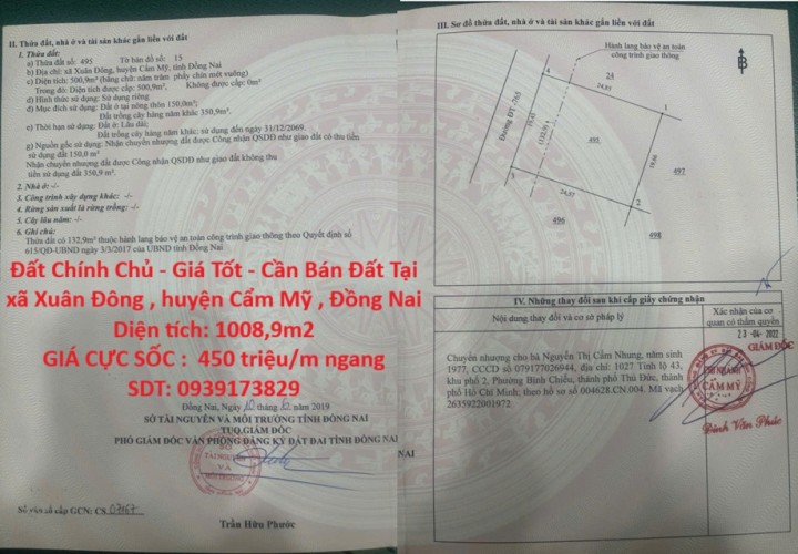 Đất Chính Chủ - Giá Tốt - Cần Bán Đất Tại xã Xuân Đông , huyện Cẩm Mỹ , Đồng Nai