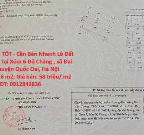 ĐẤT ĐẸP - GIÁ TỐT - Cần Bán Nhanh Lô Đất Vị Trí Đắc Địa Tại xã Đại Thành, huyện Quốc Oai, Hà Nội
