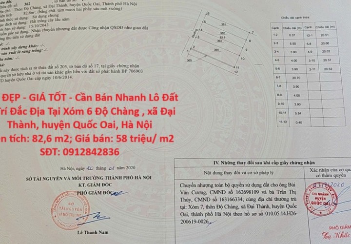ĐẤT ĐẸP - GIÁ TỐT - Cần Bán Nhanh Lô Đất Vị Trí Đắc Địa Tại xã Đại Thành, huyện Quốc Oai, Hà Nội