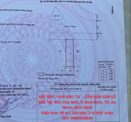 ĐẤT ĐẸP – GIÁ ĐẦU TƯ - CẦN BÁN GẤP LÔ ĐẤT TẠI Khu Chợ Mới, P. Bình Định, TX. An Nhơn, Bình Định