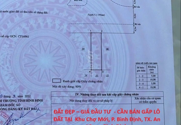 ĐẤT ĐẸP – GIÁ ĐẦU TƯ  - CẦN BÁN GẤP LÔ ĐẤT TẠI  Khu Chợ Mới, P. Bình Định, TX. An Nhơn, Bình Định