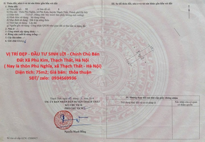 VỊ TRÍ ĐẸP - ĐẦU TƯ SINH LỜI - Chính Chủ Bán Đất Xã Phú Kim, Thạch Thất, Hà Nội