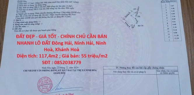 ĐẤT ĐẸP - GIÁ TỐT - CHÍNH CHỦ CẦN BÁN NHANH LÔ ĐẤT Đông Hải, Ninh Hải, Ninh Hoà, Khánh Hoà