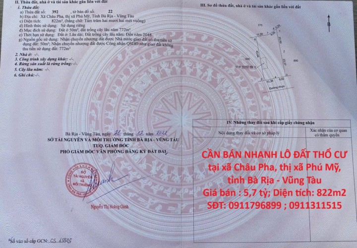 CẦN BÁN NHANH LÔ ĐẤT THỔ CƯ tại xã Châu Pha, thị xã Phú Mỹ, tỉnh Bà Rịa - Vũng Tàu