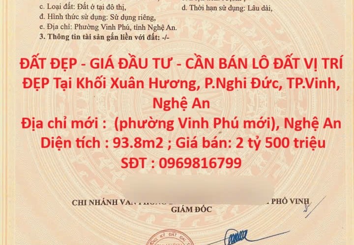 ĐẤT ĐẸP - GIÁ ĐẦU TƯ - CẦN BÁN LÔ ĐẤT VỊ TRÍ ĐẸP Tại Khối Xuân Hương, P.Nghi Đức, TP.Vinh, Nghệ An