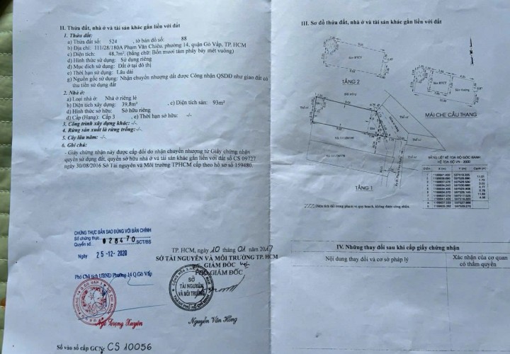 CHÍNH CHỦ BÁN NHANH NHÀ 3 TẦNG TẠI Số 111/28/180A, đường Phạm Văn Chiêu, Phường 14, Gò Vấp, HCM