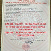 ĐẤT ĐẸP - GIÁ TỐT - Cần Bán Nhanh Lô Đất Vị Trí Đắc Địa Tại Xã Ngọc Thanh, tp Phúc Yên, Vĩnh Phúc