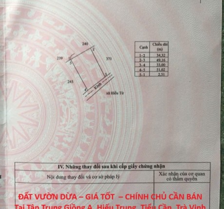 ĐẤT VƯỜN DỪA – GIÁ TỐT – CHÍNH CHỦ CẦN BÁN Tại Tân Trung Giồng A, Hiếu Trung, Tiểu Cần, Trà Vinh