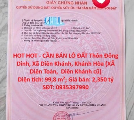 HOT HOT - CẦN BÁN LÔ ĐẤT Thôn Đông Dinh, Xã Diên Khánh, Khánh Hòa (XÃ Diên Toàn, Diên Khánh cũ)