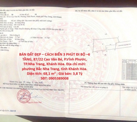 BÁN ĐẤT ĐẸP – CÁCH BIỂN 3 PHÚT ĐI BỘ –6 TẦNG, Cao Văn Bé, P.Vĩnh Phước, TP.Nha Trang, Khánh Hòa
