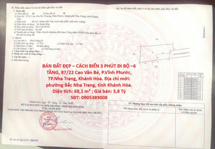 BÁN ĐẤT ĐẸP – CÁCH BIỂN 3 PHÚT ĐI BỘ –6 TẦNG, Cao Văn Bé, P.Vĩnh Phước, TP.Nha Trang, Khánh Hòa