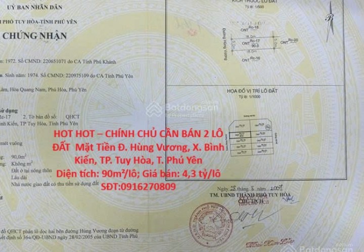 HOT HOT – CHÍNH CHỦ CẦN BÁN 2 LÔ ĐẤT  Mặt Tiền Đ. Hùng Vương, X. Bình Kiến, TP. Tuy Hòa, T. Phú Yên