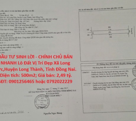 ĐẦU TƯ SINH LỜI - CHÍNH CHỦ BÁN NHANH Lô Đất Vị Trí Đẹp Xã Long Đức,Huyện Long Thành, Tỉnh Đồng Nai.