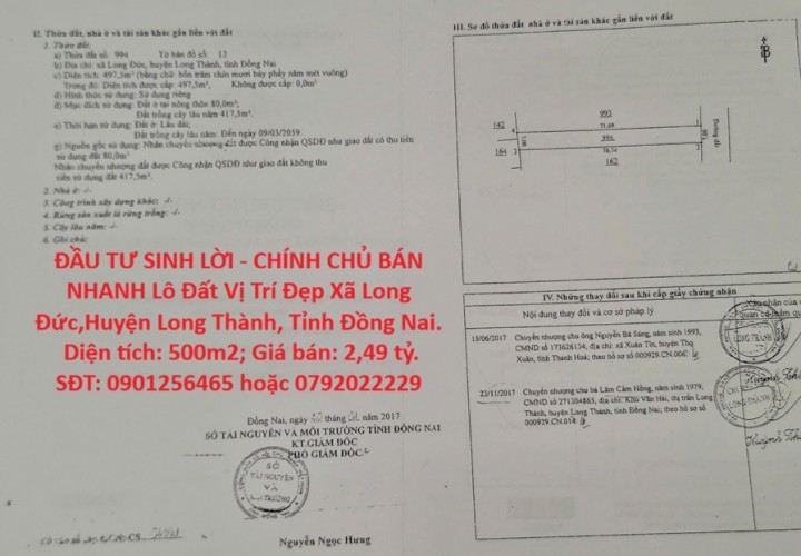 ĐẦU TƯ SINH LỜI - CHÍNH CHỦ BÁN NHANH Lô Đất Vị Trí Đẹp Xã Long Đức,Huyện Long Thành, Tỉnh Đồng Nai.