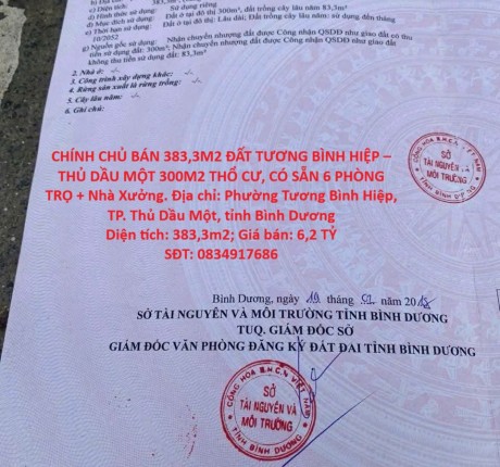 CHÍNH CHỦ BÁN 383,3M2 ĐẤT TƯƠNG BÌNH HIỆP – THỦ DẦU MỘT 300M2 THỔ CƯ, CÓ SẴN 6 PHÒNG TRỌ + Nhà Xưởng