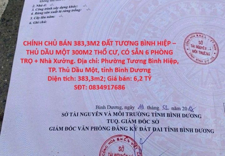 CHÍNH CHỦ BÁN 383,3M2 ĐẤT TƯƠNG BÌNH HIỆP – THỦ DẦU MỘT 300M2 THỔ CƯ, CÓ SẴN 6 PHÒNG TRỌ + Nhà Xưởng