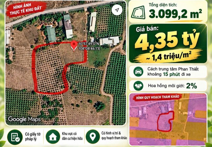 CHÍNH CHỦ BÁN HƠN 3.000m² ĐẤT PHÚ LONG - CÁCH TRUNG TÂM PHAN THIẾT KHOẢNG 15 PHÚT