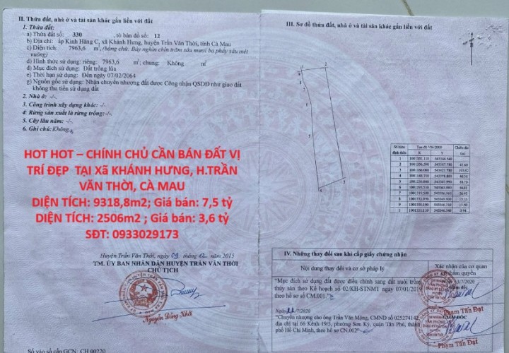 HOT HOT – CHÍNH CHỦ CẦN BÁN ĐẤT VỊ TRÍ ĐẸP  TẠI Xã KHÁNH HƯNG, H.TRẦN VĂN THỜI, CÀ MAU