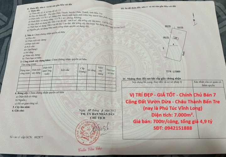VỊ TRÍ ĐẸP - GIÁ TỐT - Chính Chủ Bán 7 Công Đất Vườn Dừa - Châu Thành Bến Tre