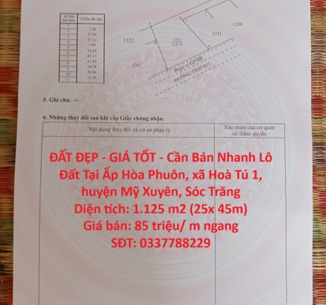 ĐẤT ĐẸP - GIÁ TỐT - Cần Bán Nhanh Lô Đất Tại Ấp Hòa Phuôn, xã Hoà Tú 1, huyện Mỹ Xuyên, Sóc Trăng