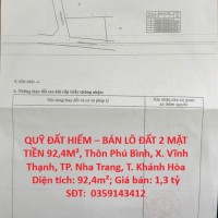 QUỸ ĐẤT HIẾM – BÁN LÔ ĐẤT 2 MẶT TIỀN 92,4M², Thôn Phú Bình, X. Vĩnh Thạnh, TP. Nha Trang, T. Khánh Hòa