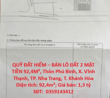 QUỸ ĐẤT HIẾM – BÁN LÔ ĐẤT 2 MẶT TIỀN 92,4M², Thôn Phú Bình, X. Vĩnh Thạnh, TP. Nha Trang, T. Khánh Hòa