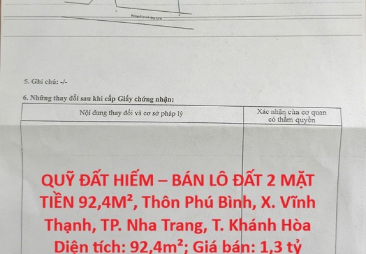 QUỸ ĐẤT HIẾM – BÁN LÔ ĐẤT 2 MẶT TIỀN 92,4M², Thôn Phú Bình, X. Vĩnh Thạnh, TP. Nha Trang, T. Khánh Hòa