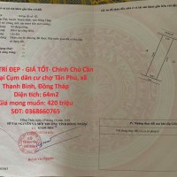 ĐẤT VỊ TRÍ ĐẸP - GIÁ TỐT- Chính Chủ Cần Bán Tại Cụm dân cư chợ Tân Phú, xã Thanh Bình, Đồng Tháp
