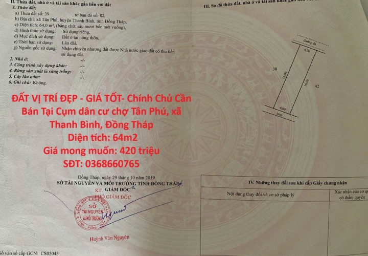 ĐẤT VỊ TRÍ ĐẸP - GIÁ TỐT- Chính Chủ Cần Bán Tại Cụm dân cư chợ Tân Phú, xã Thanh Bình, Đồng Tháp