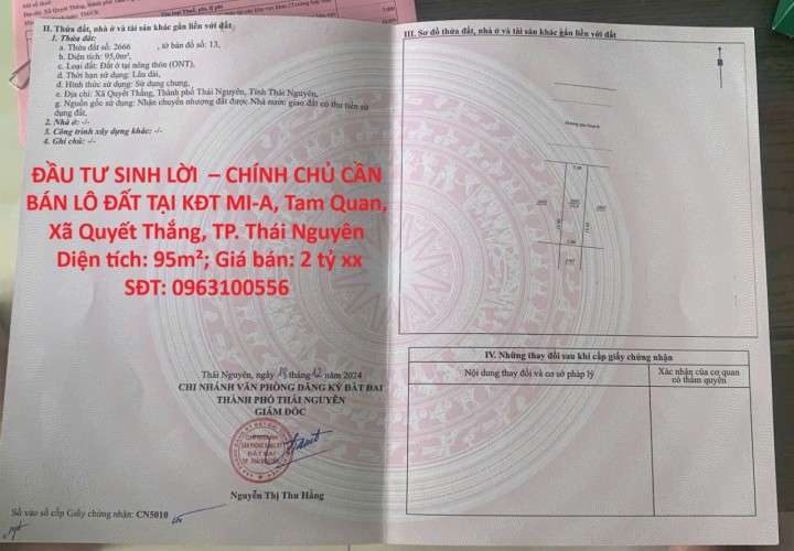 ĐẦU TƯ SINH LỜI  – CHÍNH CHỦ CẦN BÁN LÔ ĐẤT TẠI KĐT MI-A, Tam Quan, Xã Quyết Thắng, TP. Thái Nguyên