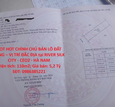 HOT HOT CHÍNH CHỦ BÁN LÔ ĐẤT VÀNG – VỊ TRÍ ĐẮC ĐỊA tại RIVER SILK CITY - CEO2 - HÀ NAM