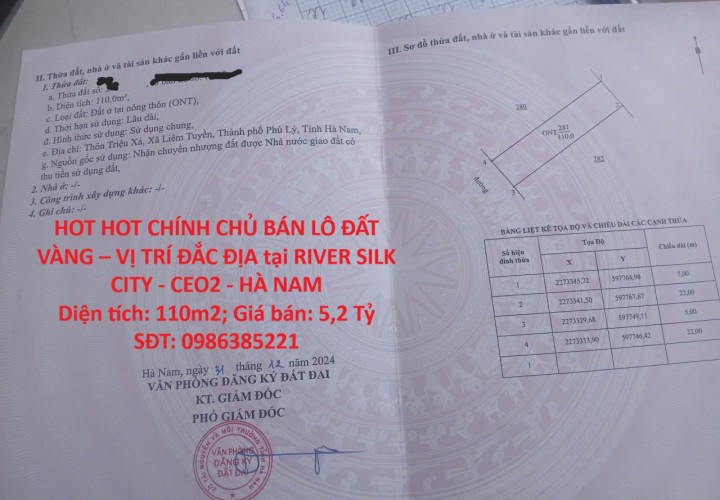 HOT HOT CHÍNH CHỦ BÁN LÔ ĐẤT VÀNG – VỊ TRÍ ĐẮC ĐỊA tại RIVER SILK CITY - CEO2 - HÀ NAM