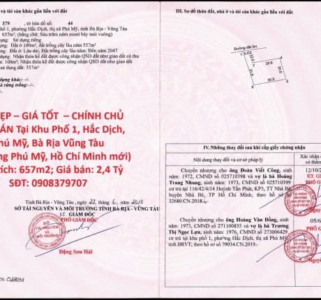 ĐẤT ĐẸP – GIÁ TỐT – CHÍNH CHỦ CẦN BÁN Tại Khu Phố 1, Hắc Dịch, Phú Mỹ, Bà Rịa Vũng Tàu