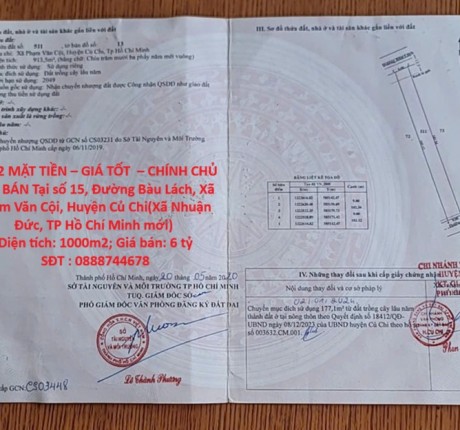 ĐẤT 2 MẶT TIỀN – GIÁ TỐT – CHÍNH CHỦ CẦN BÁN Tại số 15, Đường Bàu Lách, Xã Phạm Văn Cội, Huyện Củ Chi