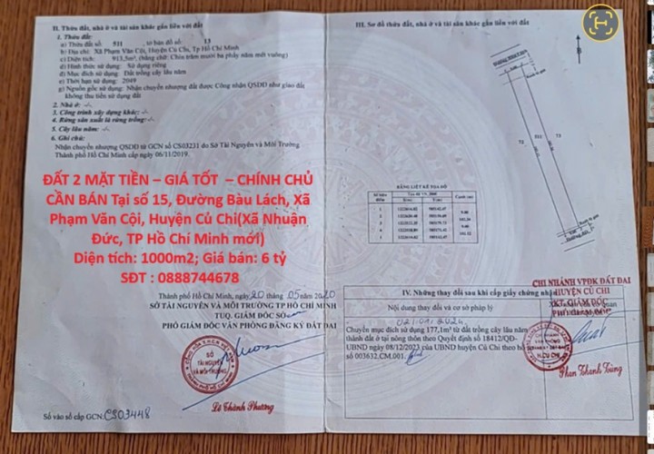 ĐẤT 2 MẶT TIỀN – GIÁ TỐT  – CHÍNH CHỦ CẦN BÁN Tại số 15, Đường Bàu Lách, Xã Phạm Văn Cội, Huyện Củ Chi