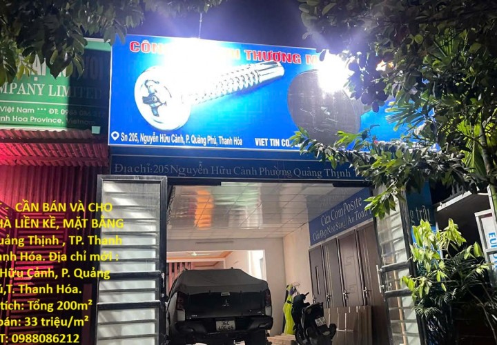 HOT HOT -  CẦN BÁN VÀ CHO THUÊ  2 NHÀ LIỀN KỀ, MẶT BẰNG 200m P. Quảng Thịnh , TP. Thanh Hóa, T.Thanh Hóa