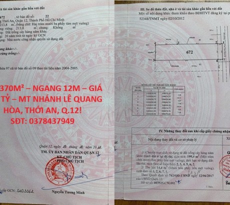 ĐẤT 370M² – NGANG 12M – GIÁ 24.9 TỶ – MT NHÁNH LÊ QUANG HÒA, THỚI AN, Q.12