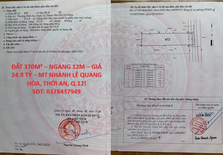ĐẤT 370M² – NGANG 12M – GIÁ 24.9 TỶ – MT NHÁNH LÊ QUANG HÒA, THỚI AN, Q.12