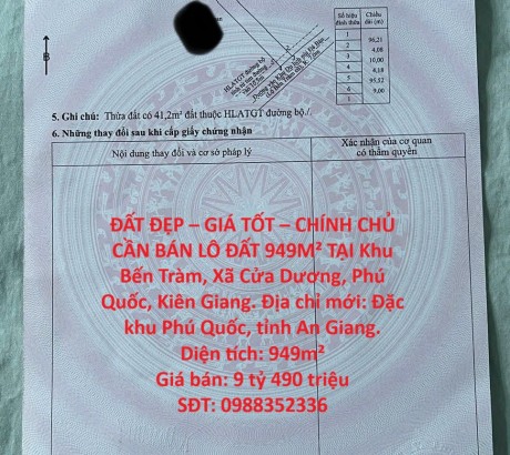 ĐẤT ĐẸP – GIÁ TỐT – CHÍNH CHỦ CẦN BÁN LÔ ĐẤT 949M² TẠI Khu Bến Tràm, Xã Cửa Dương, Phú Quốc, Kiên Giang