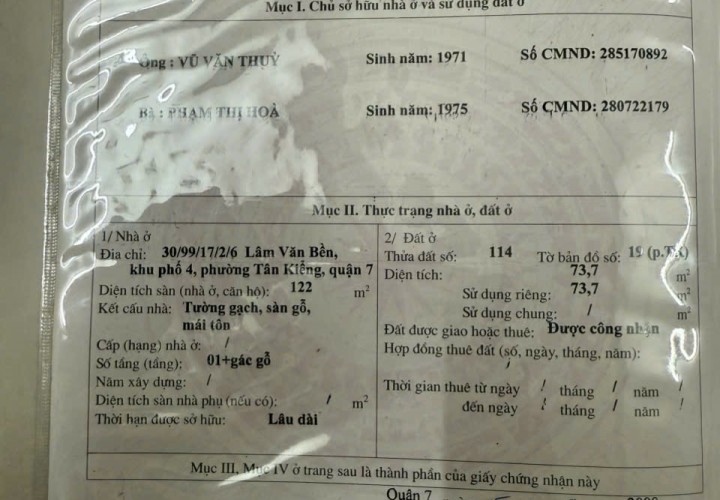 NHÀ ĐẸP -  GIÁ TỐT - CHÍNH CHỦ CẦN BÁN CĂN NHÀ Số 30/99/17/2/6 Lâm Văn Bền, P.Tân Kiểng, Q. 7, HCM