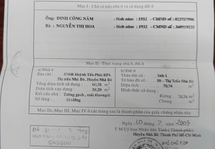 NHÀ VỊ TRÍ ĐẸP – CHÍNH CHỦ CẦN BÁN Căn Nhà Đường Huỳnh Tấn Phát, TT. Nhà Bè, Huyện Nhà Bè, TP. HCM.
