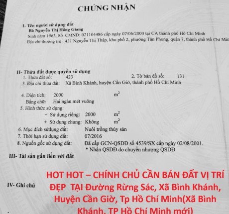 HOT HOT – CHÍNH CHỦ CẦN BÁN ĐẤT VỊ TRÍ ĐẸP TẠI Xã Bình Khánh, Huyện Cần Giờ, Tp Hồ Chí Minh