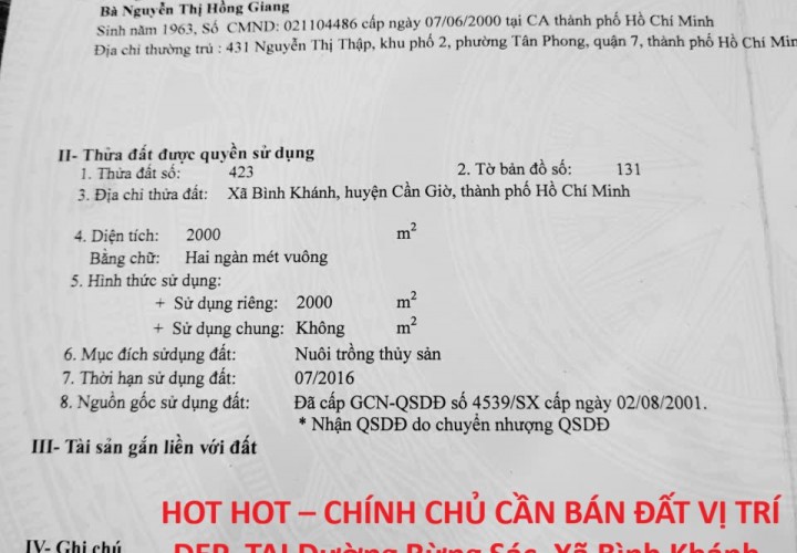 HOT HOT – CHÍNH CHỦ CẦN BÁN ĐẤT VỊ TRÍ ĐẸP  TẠI Xã Bình Khánh, Huyện Cần Giờ, Tp Hồ Chí Minh