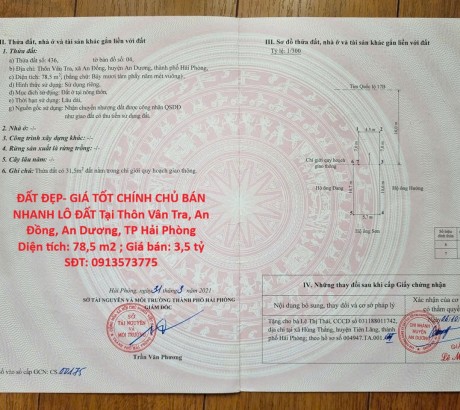 ĐẤT ĐẸP- GIÁ TỐT CHÍNH CHỦ BÁN NHANH LÔ ĐẤT Tại Thôn Vân Tra, An Đồng, An Dương, TP Hải Phòng