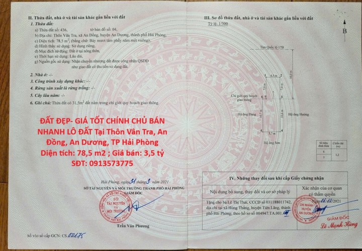 ĐẤT ĐẸP- GIÁ TỐT CHÍNH CHỦ BÁN NHANH LÔ ĐẤT Tại Thôn Vân Tra, An Đồng, An Dương, TP Hải Phòng