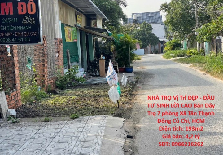 NHÀ TRỌ Vị TrÍ ĐẸP - ĐẦU TƯ SINH LỜI CAO Bán Dãy Trọ 7 phòng Xã Tân Thạnh Đông Củ Chi, HCM